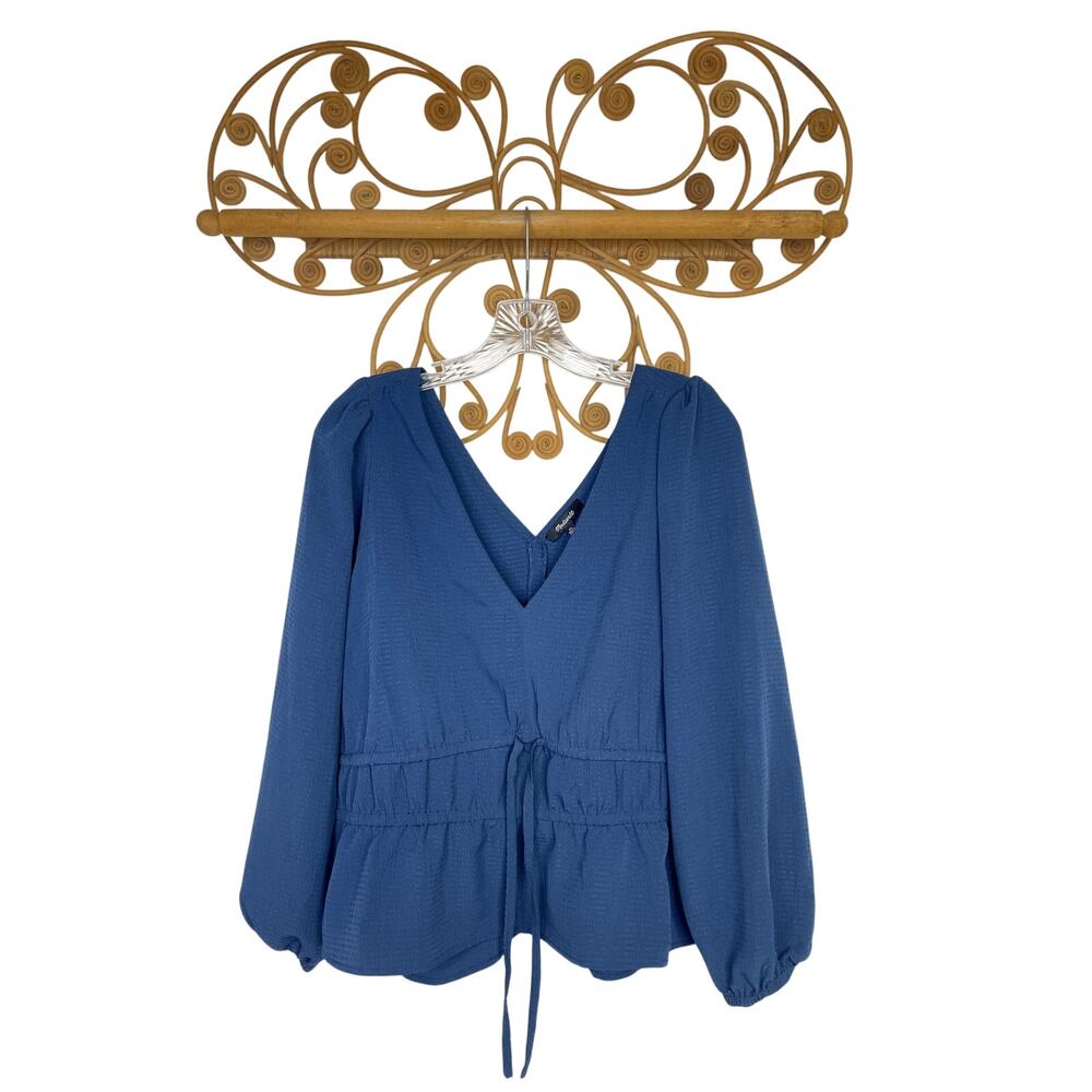 NEW Madewell Plus Seersucker V-Neck Peplum Top Blue XL - Picture 2 of 5